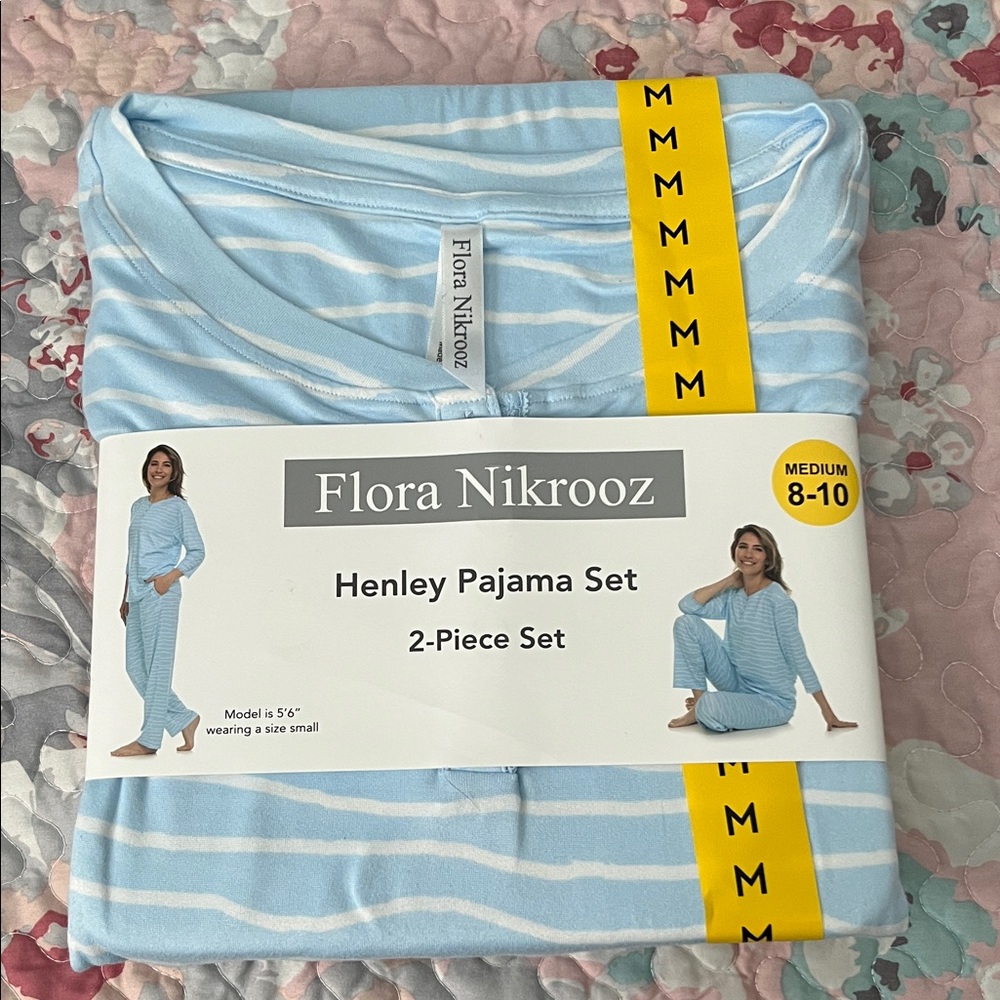 Flora Nikrooz Light Blue and White Striped Henley Pajama Set